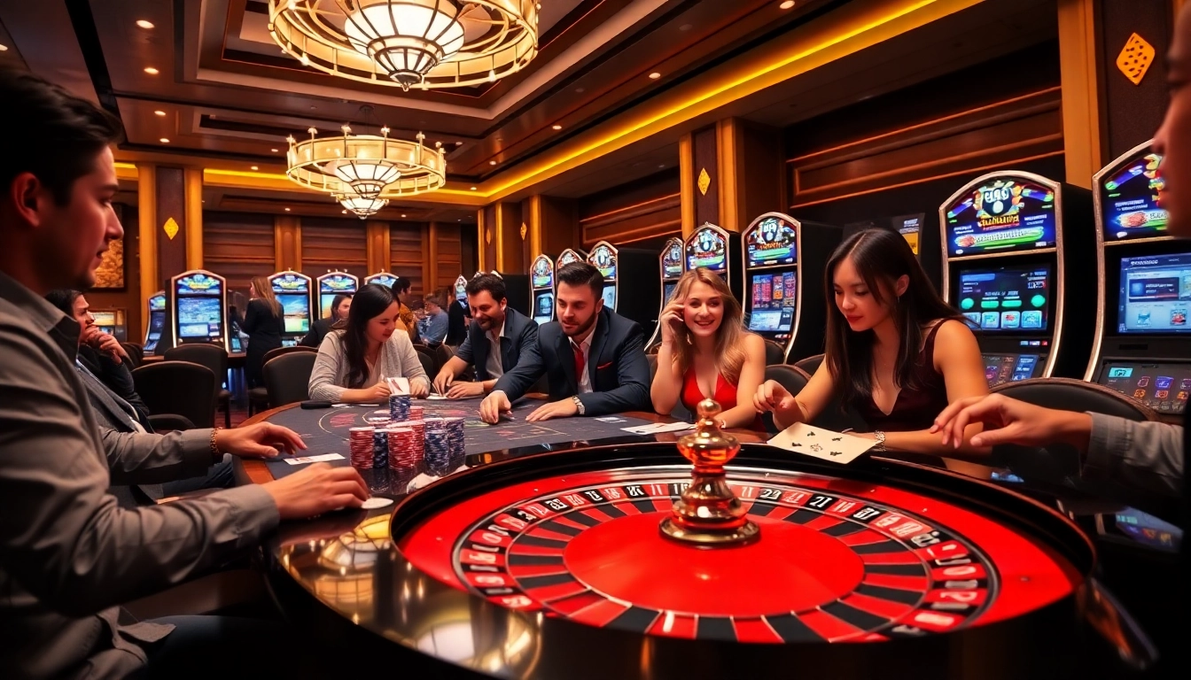 Engaged gamers enjoying a vibrant NK88 casino experience with poker chips and roulette.
