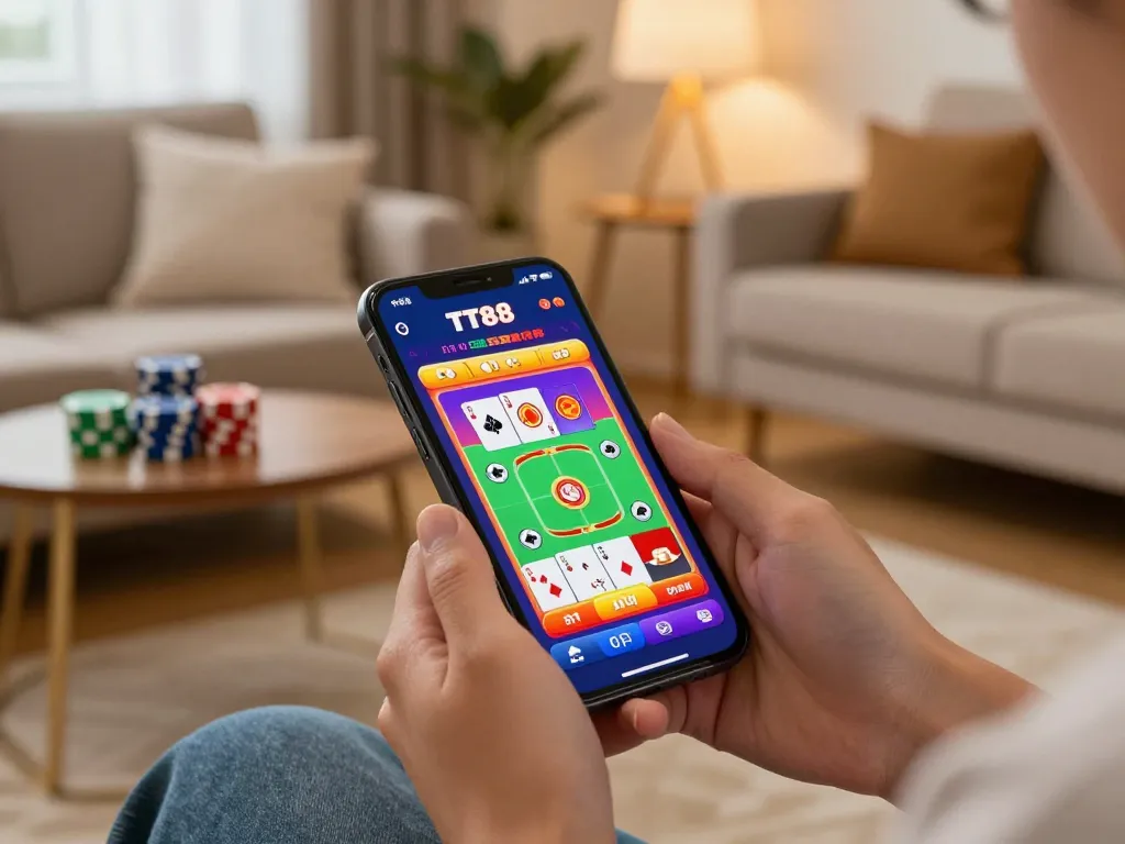 Mobile gaming experience with TT88 app showcasing vibrant casino gameplay.