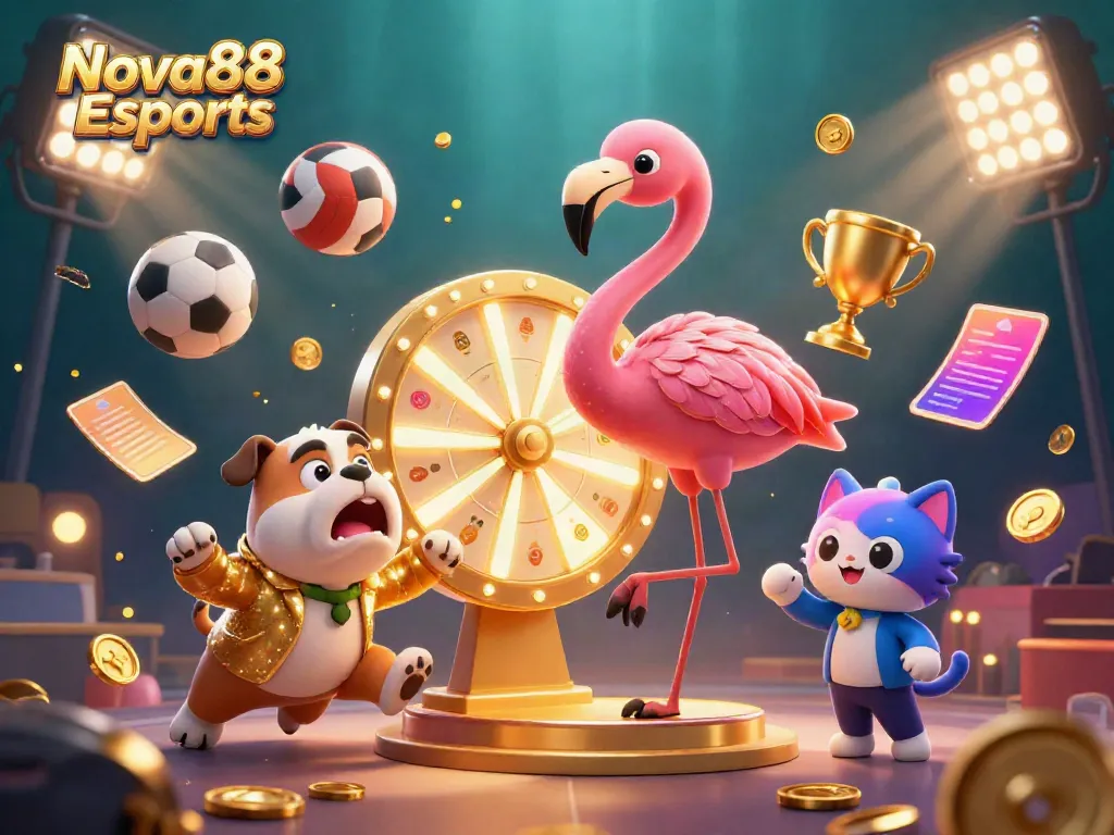 Nova88 Esports thrilling betting scene with game show host and animated characters in action.