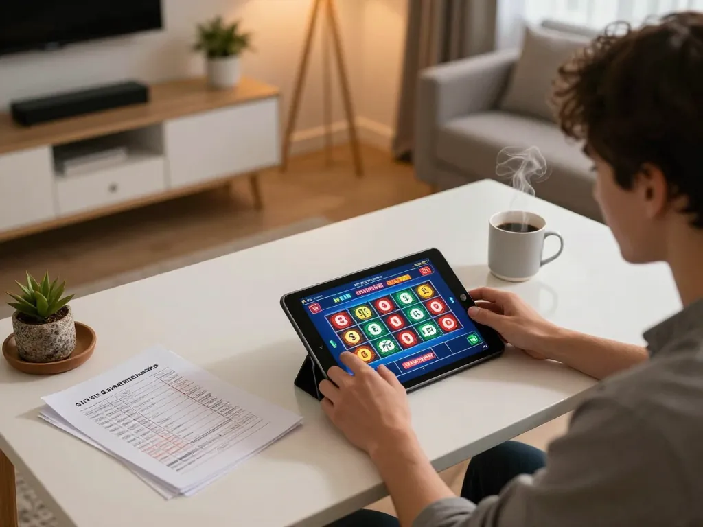 Engaging in situs slot gaming at home, focusing on tablet gameplay and strategic notes.