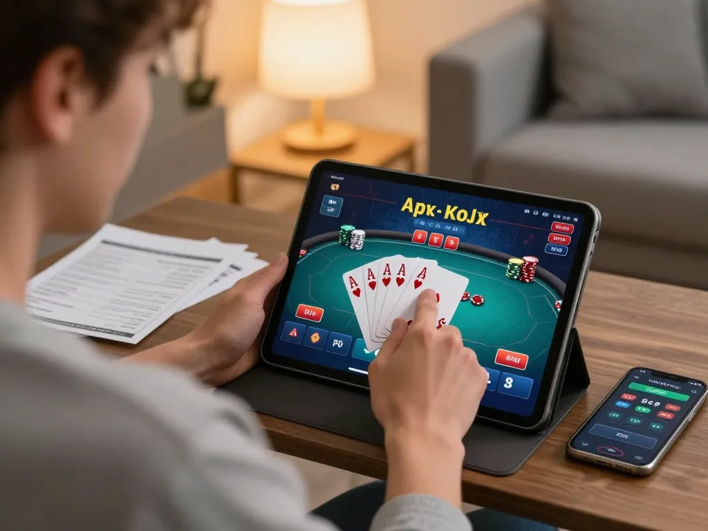 Player engaged in strategic online poker game on tablet, showcasing 23win interface and cozy home ambiance.