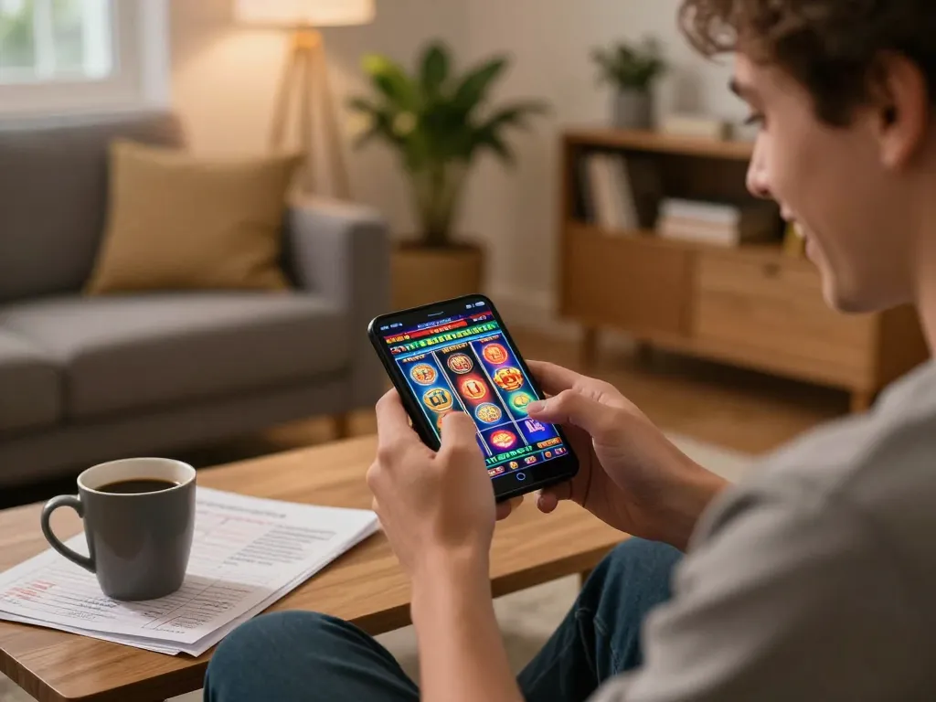Person enjoying engaging slots game with 789f10 on smartphone during cozy evening at home