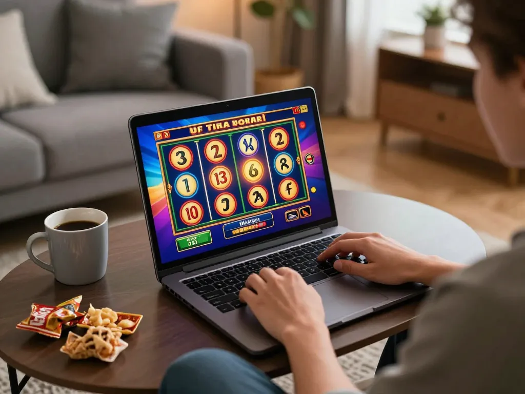 Engaging with a thrilling slot online game on laptop in a cozy living room.