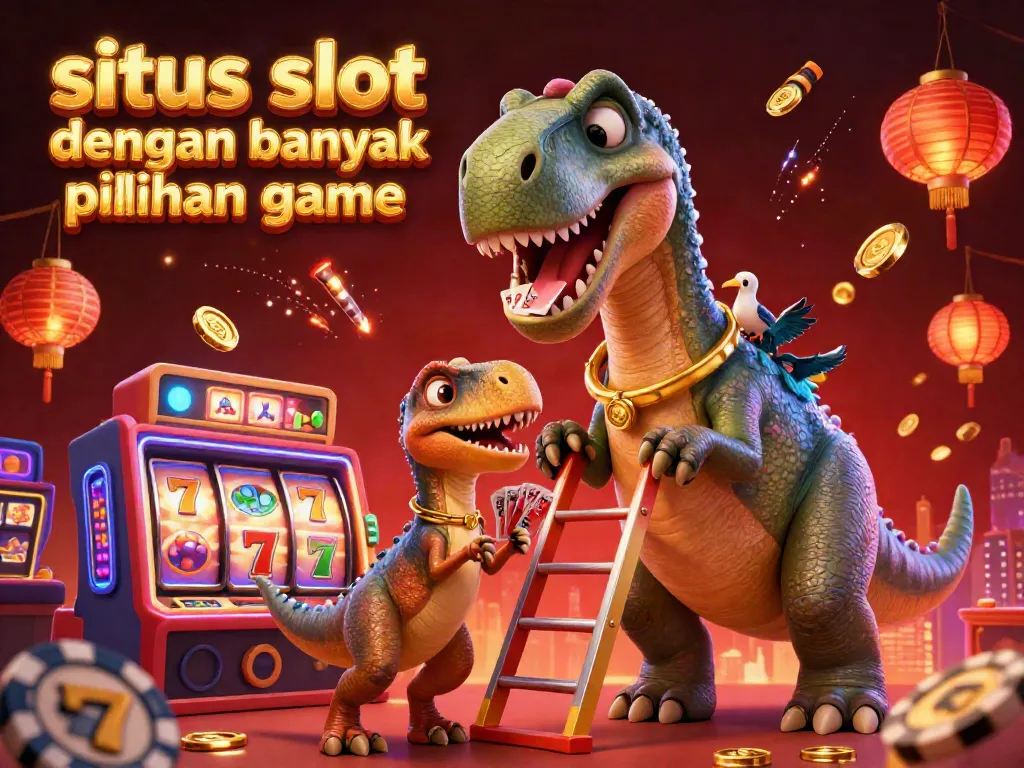 Visual menarik untuk situs slot dengan banyak pilihan game, menampilkan karakter lucu dan elemen kasino.