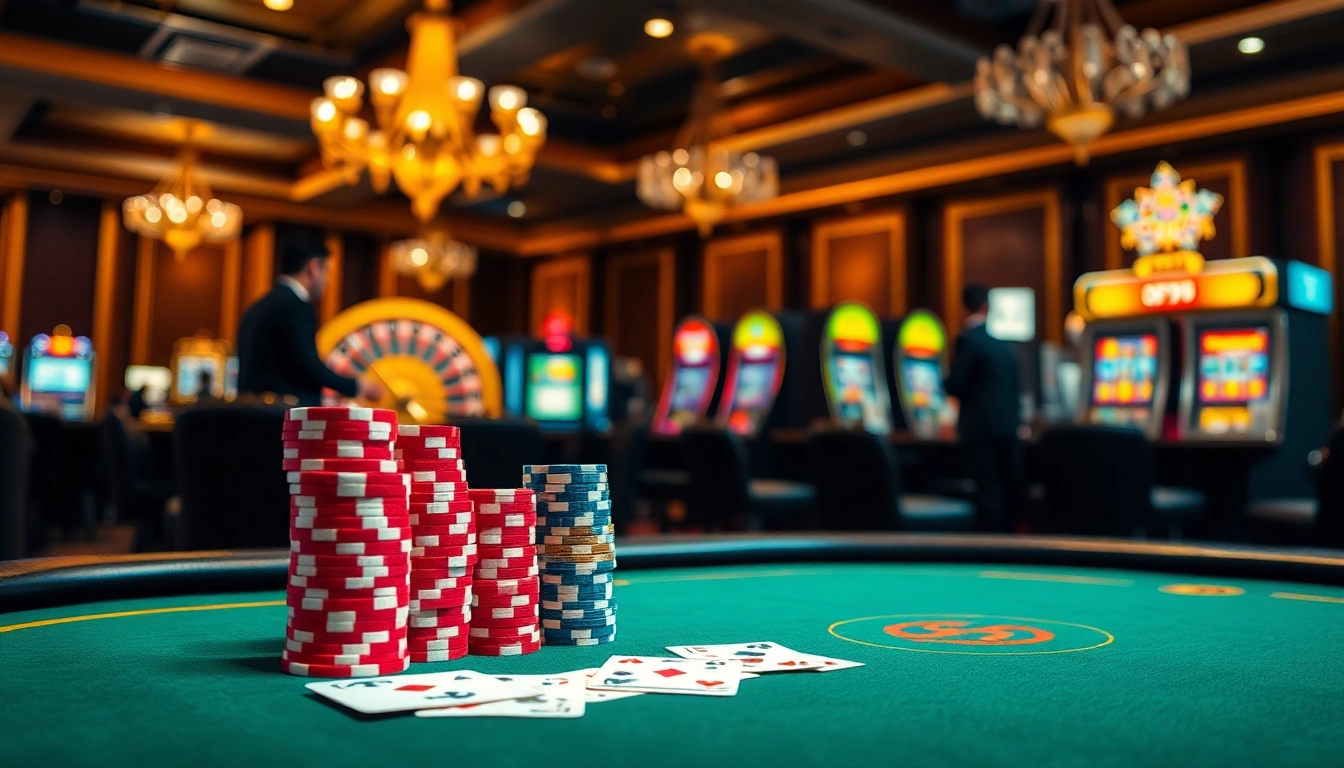 Engaging poker game at DF999 casino featuring vibrant chips and cards in a luxurious setting.