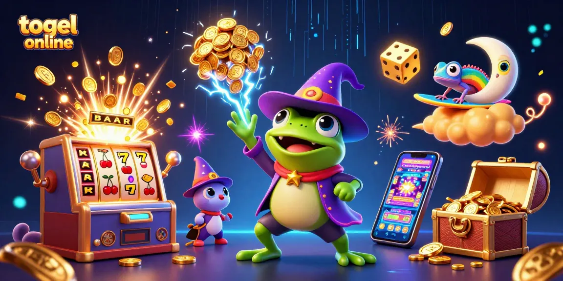 Experience the thrill of togel online with a vibrant scene filled with golden coins, dynamic characters, and exciting gambling elements.