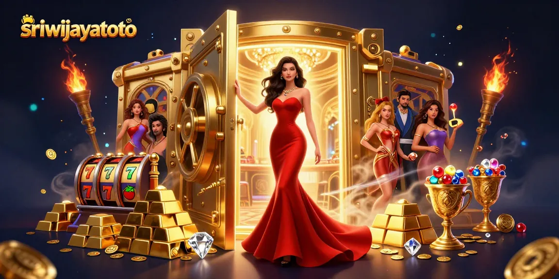 Sriwijayatoto showcases a beautiful Asian woman in a VIP casino doorway amidst a burst of riches, symbolizing luxury gaming.