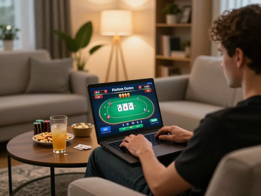 Engaged player using 8xbet for online poker in a cozy living room setting
