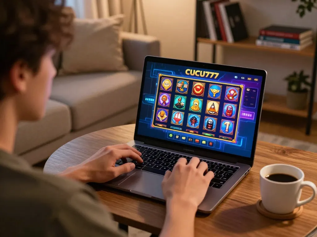 Cucu777 user enjoys online gaming on a laptop in a cozy living room.