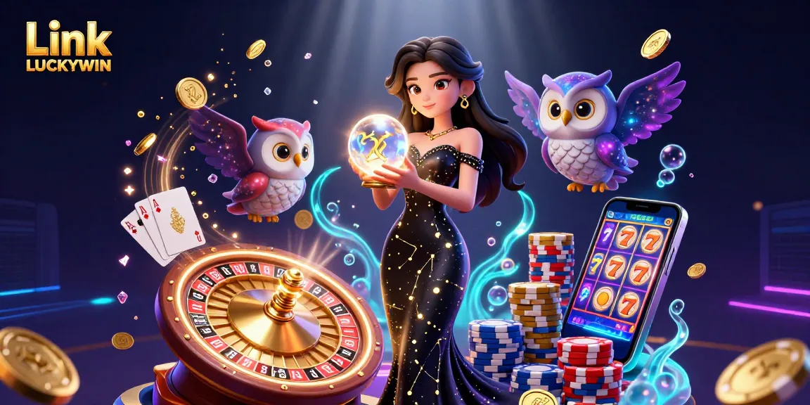 Experience the excitement at Link LUCKYWIN with vibrant casino elements and captivating characters.