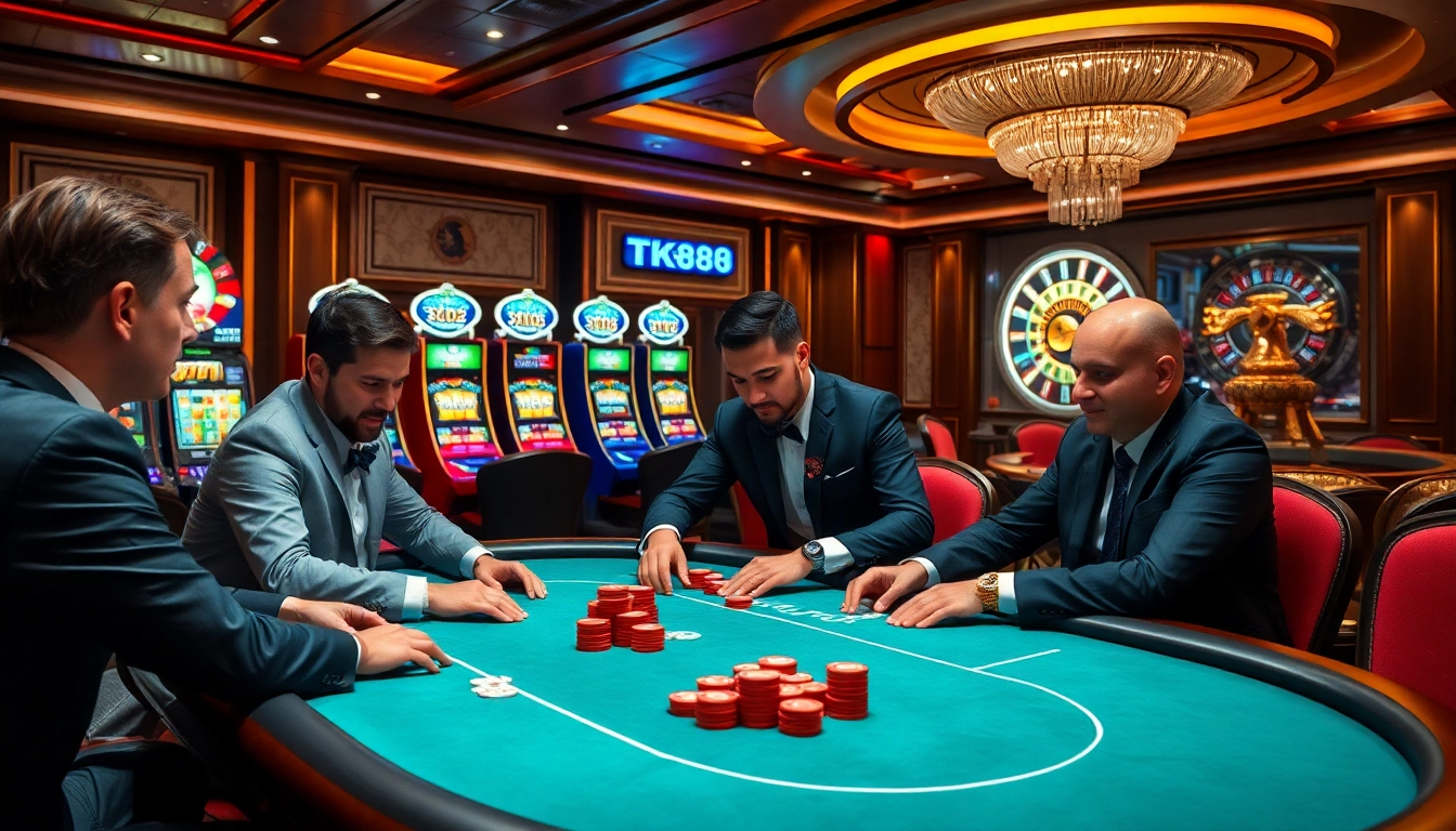 Experience the excitement at tk88 with a vibrant casino atmosphere filled with poker tables and slot machines.