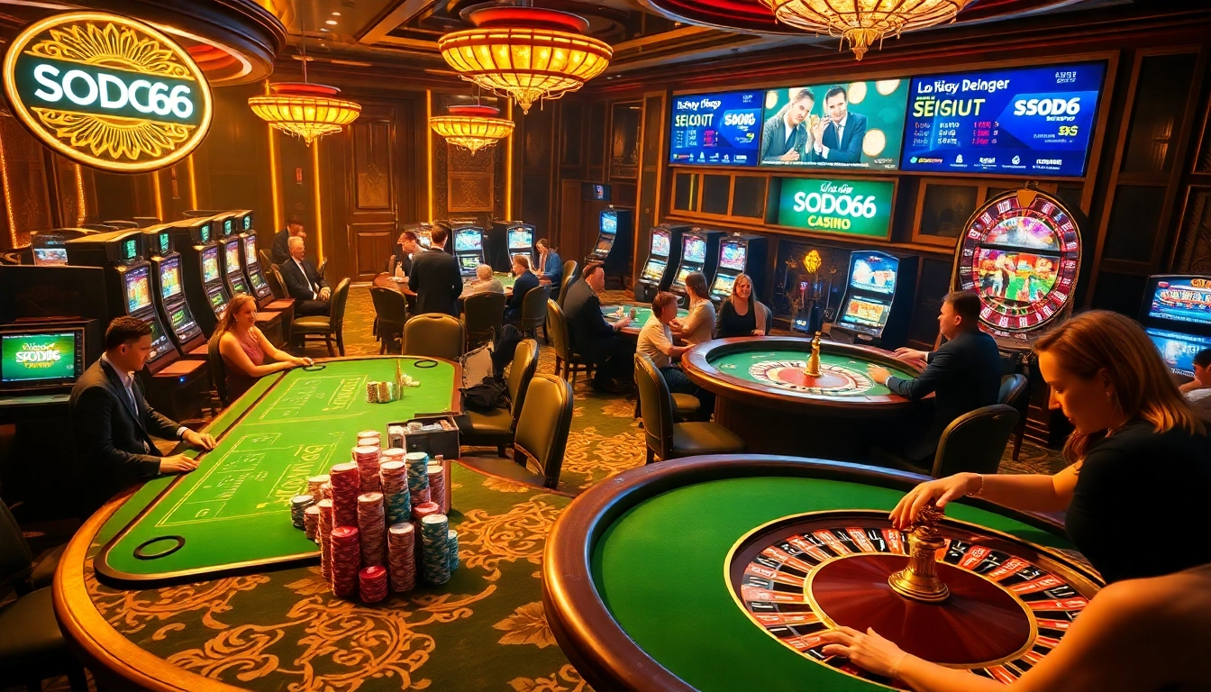 Players enjoying poker at SODO66 Casino, celebrating wins amidst vibrant casino decor.