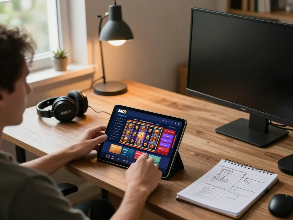 Engaging with BK8 casino app on tablet in a cozy home setup, highlighting gaming excitement.