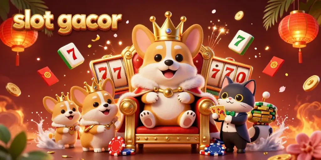 Experience the thrill of slot gacor with a royal corgi and cat butler in a vibrant casino scene.