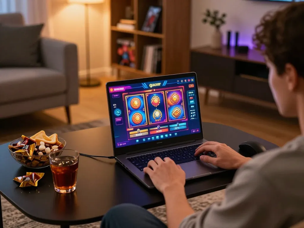 Player enjoying slot gacor on laptop in a cozy home setting with snacks and strategy books.