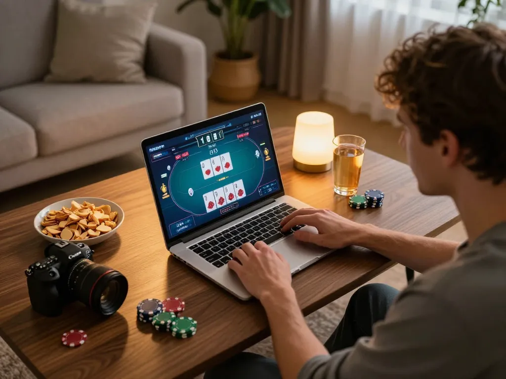 Online poker gameplay at home on https://shbetac.co with cozy setup and focused player.