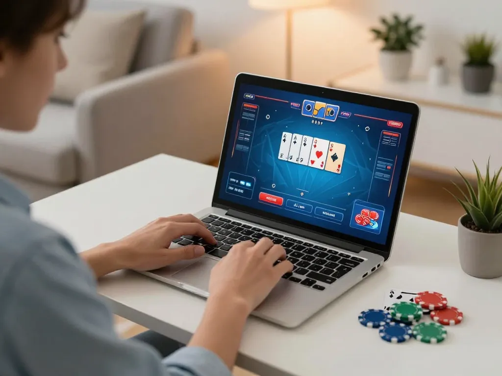 Engaged player using f8beta2 platform for an online poker game in a cozy, stylish home office.