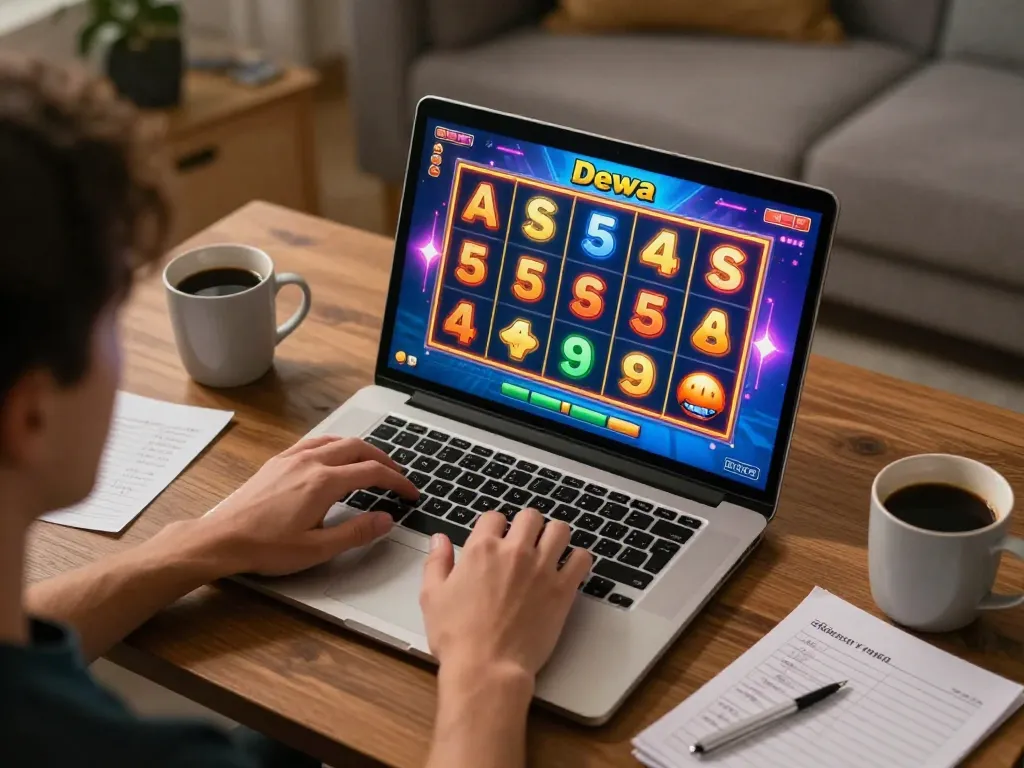 Player engaging with dewa slot game on laptop, surrounded by cozy home elements, emphasizing online gaming experience.