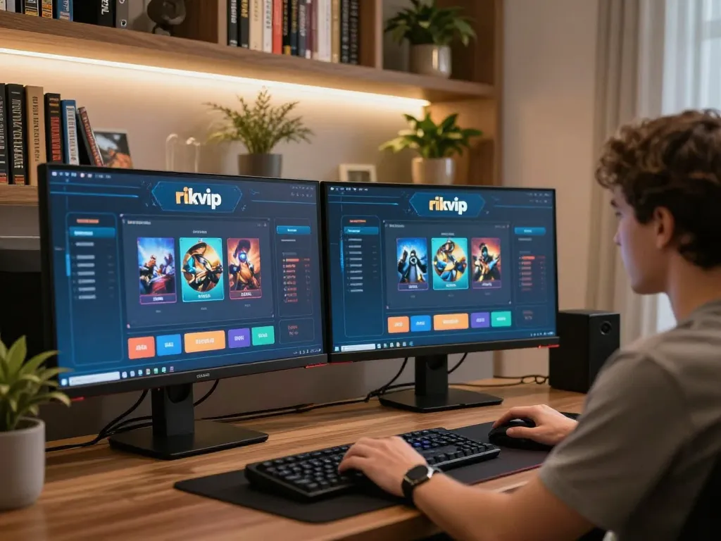 Playing online casino games on rikvip platform with dual monitors in a stylish home setup.