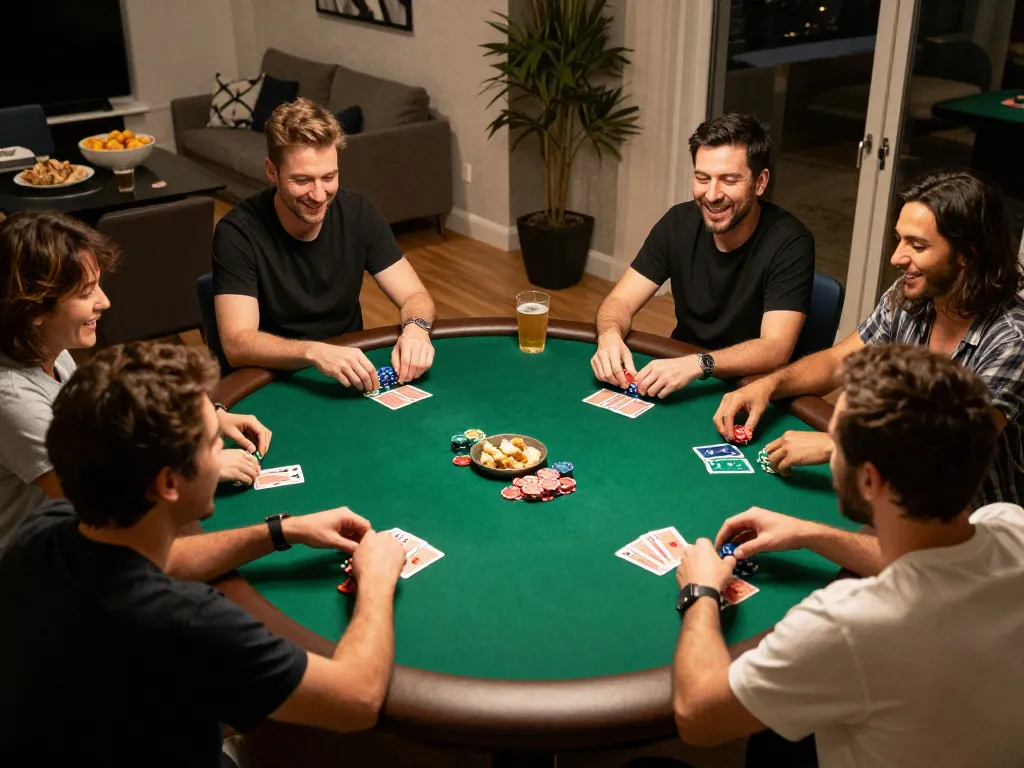 Players enjoying an engaging poker night at home with 555win, chips stacking and laughter shared among friends