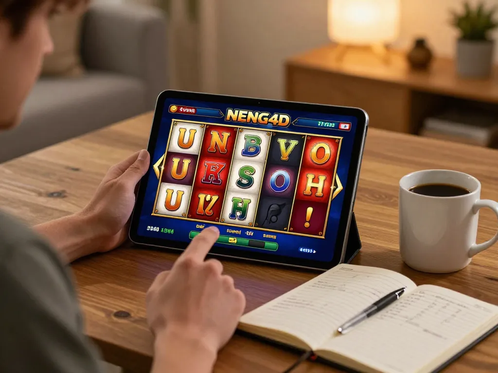 NENG4D gamer celebrating a slot win on tablet with strategic notes beside them in a cozy setting.