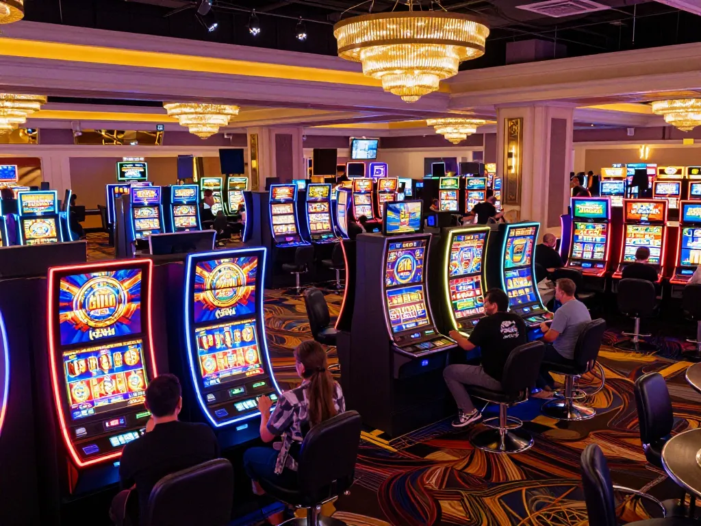 Bsport players enjoying dynamic gaming experience on vibrant Vegas casino floor with bright machines