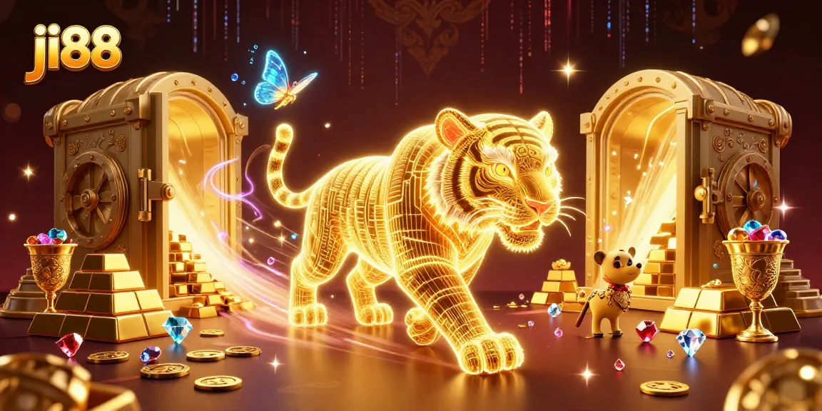 Experience thrilling adventures with ji88 in this vibrant casino scene featuring a majestic golden tiger.
