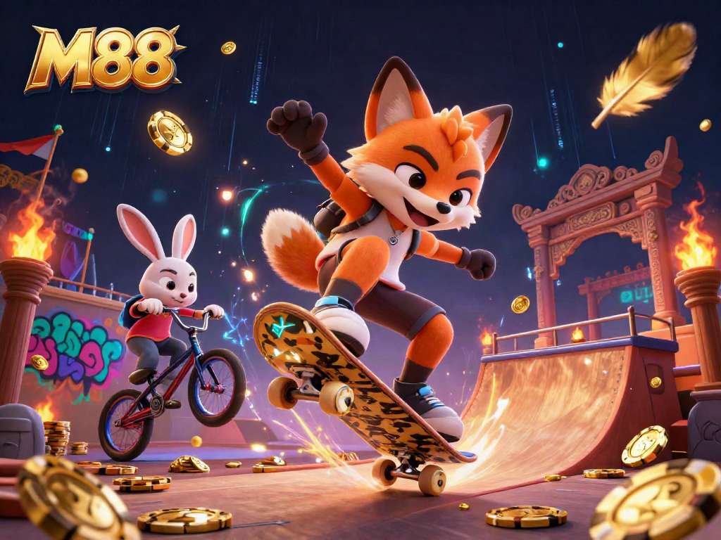M88 showcases thrilling gambling energy with a skateboarder fox and BMX rabbit in dynamic casino action.