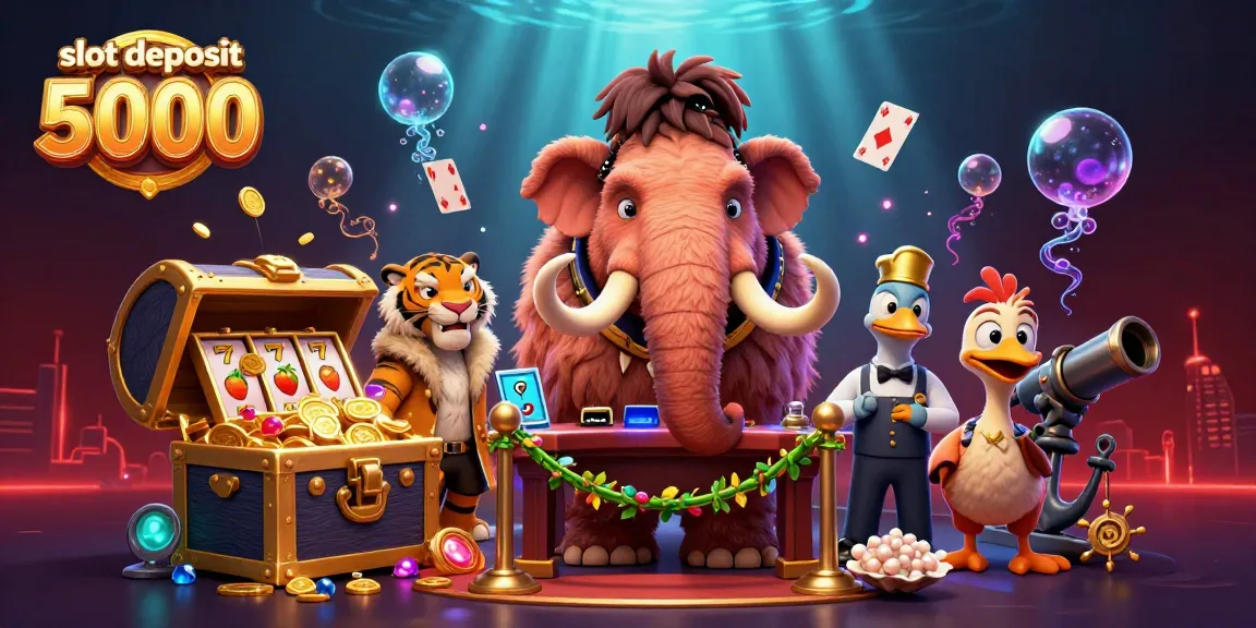 Experience high-stakes fun with slot deposit 5000 in a 3D cartoon casino scene featuring whimsical characters.