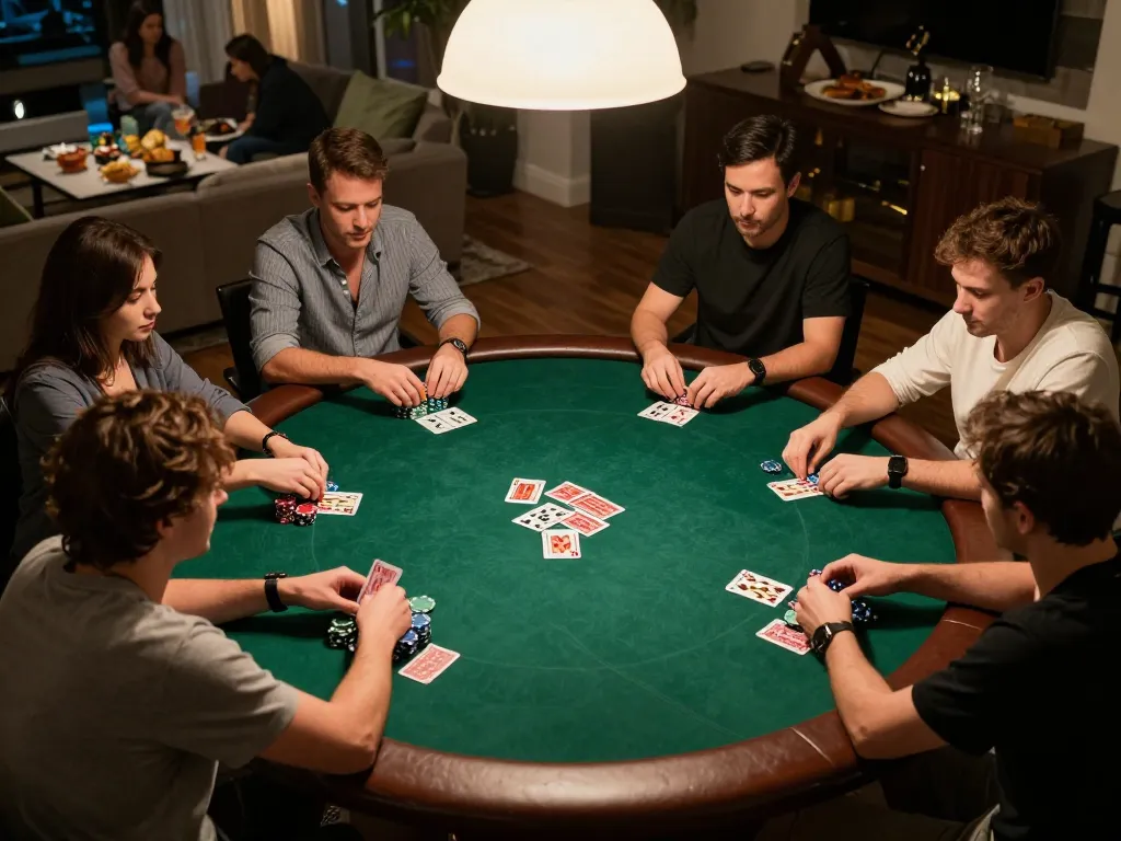 Players enjoying poker night at home, showcasing the engaging 100vip gaming experience with vibrant chips and cards.