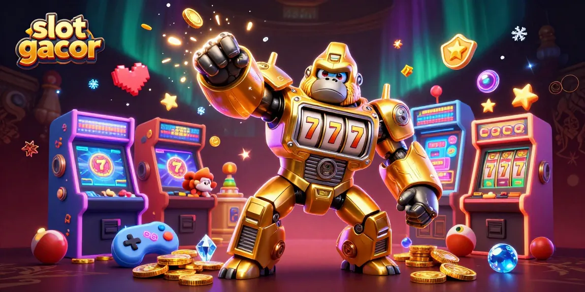 Engage with slot gacor excitement as the golden gorilla mech showcases thrilling slot machine action.