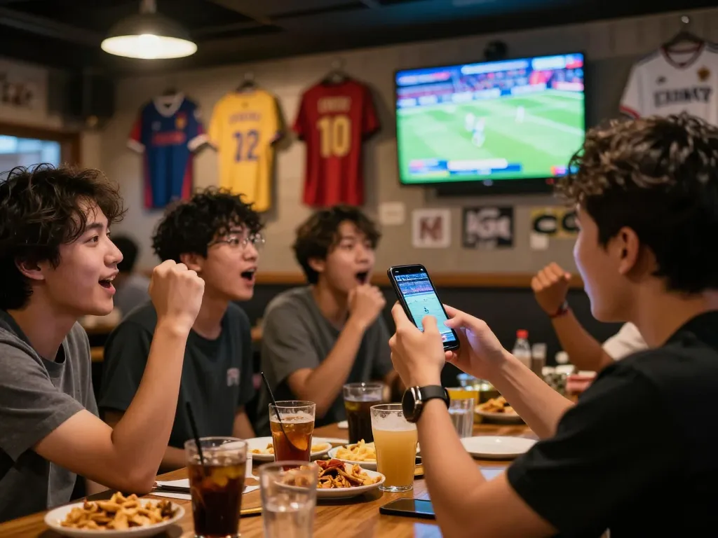 Person celebrating while checking tỷ lệ kèo nhà cái hôm nay on smartphone during exciting live sports event