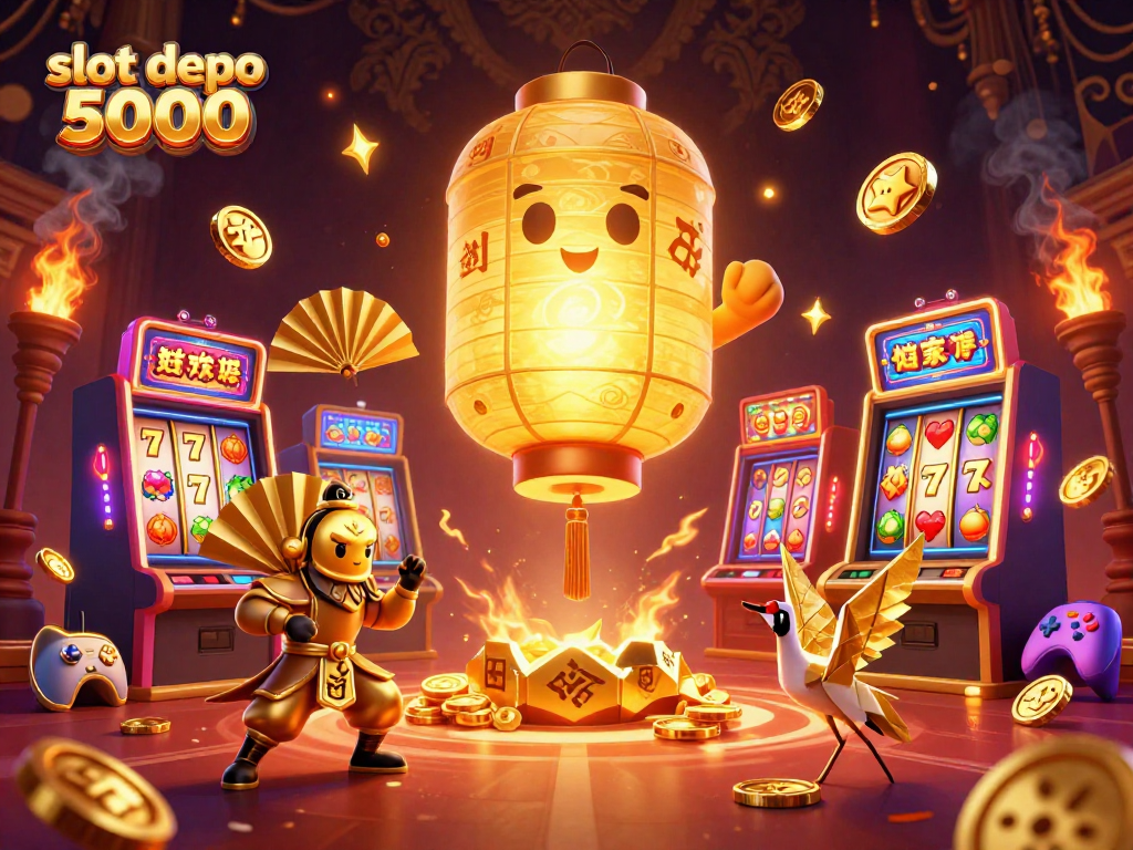 Experience the thrill of slot depo 5000 with vibrant 3D characters and gaming elements illuminating the scene.