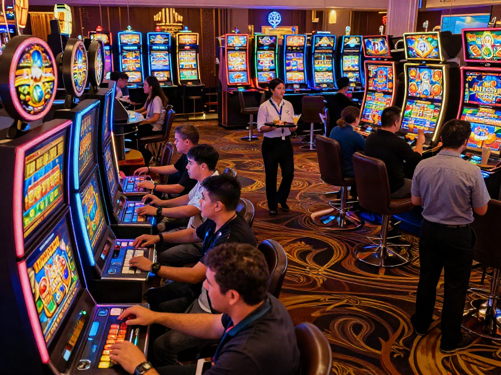 Players enjoying vibrant slot gacor machines in a lively casino atmosphere.