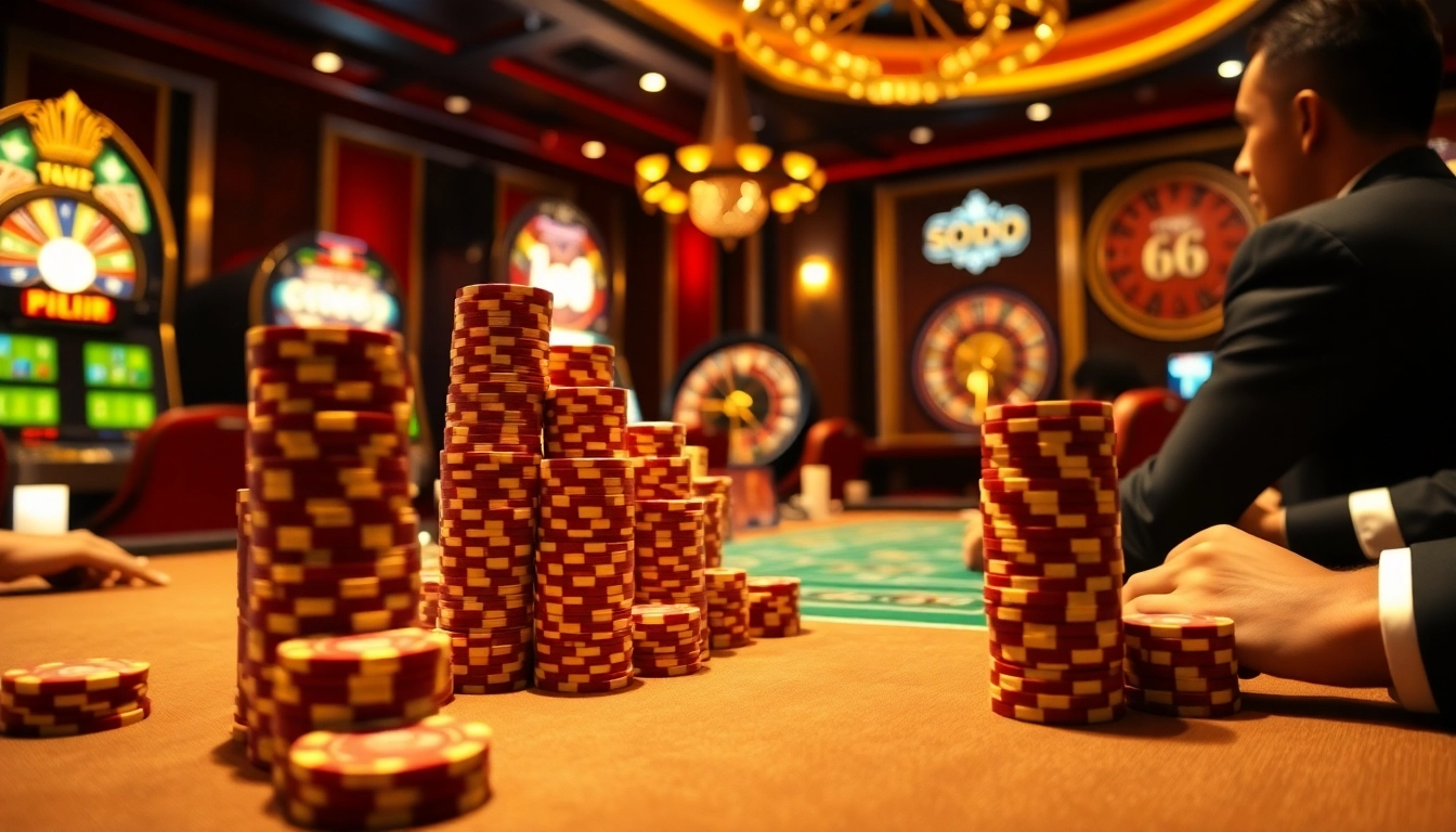 Players enjoying high-stakes poker at SODO CASINO 66, enveloped in a glamorous casino atmosphere.