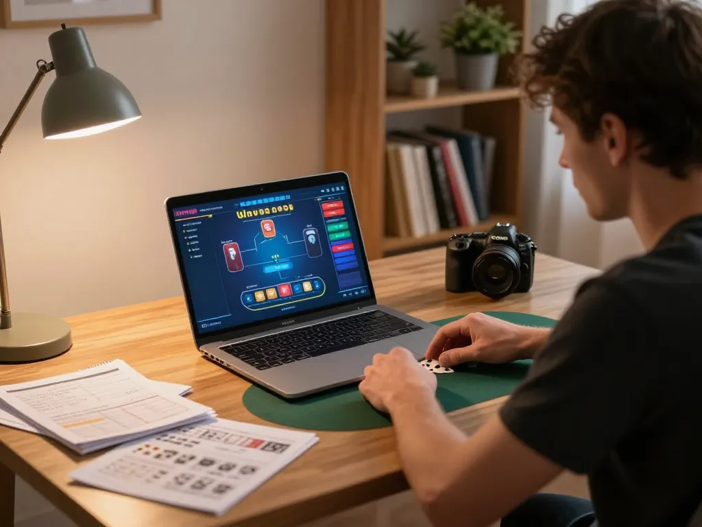 Player enjoying online poker game on a laptop, reflecting strategies of nhà cái 98win in a comfortable setting.