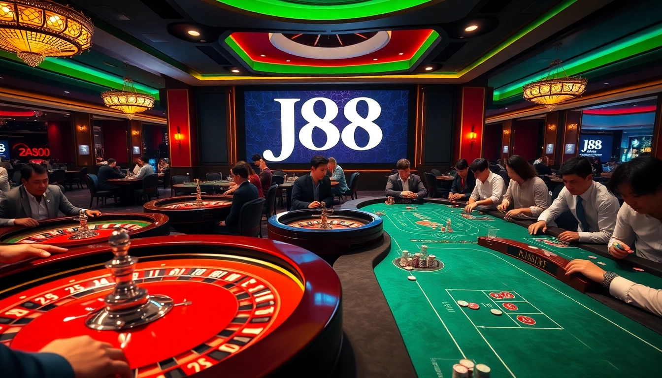 Players enjoying the thrilling experience at J88 casino, surrounded by vibrant tables and exciting gaming options.