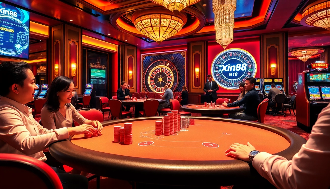 Experience the thrilling gaming atmosphere at Xin88 casino, featuring poker tables and slot machines.