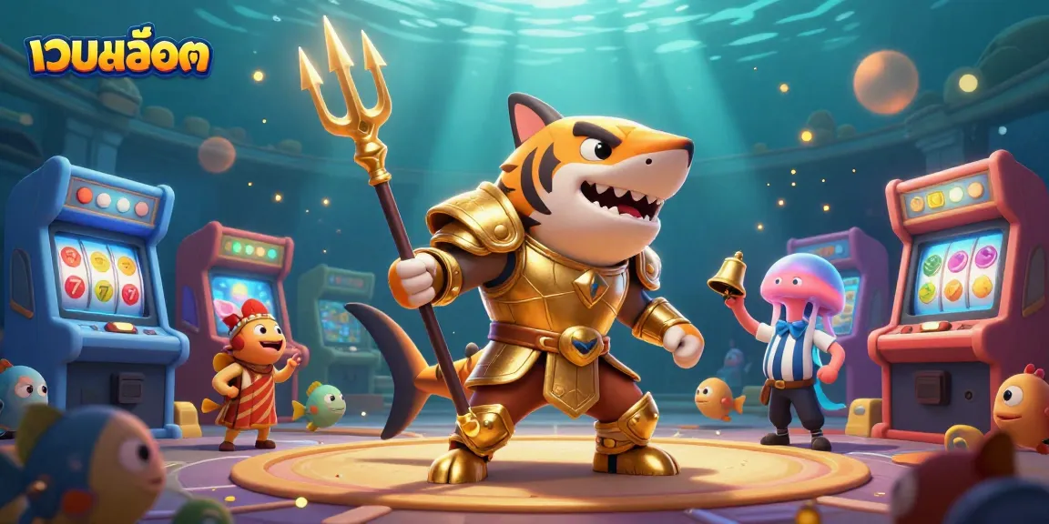 Engage in thrilling gameplay with เว็บสล็อต, featuring a tiger shark warrior in a vibrant, interactive underwater casino.
