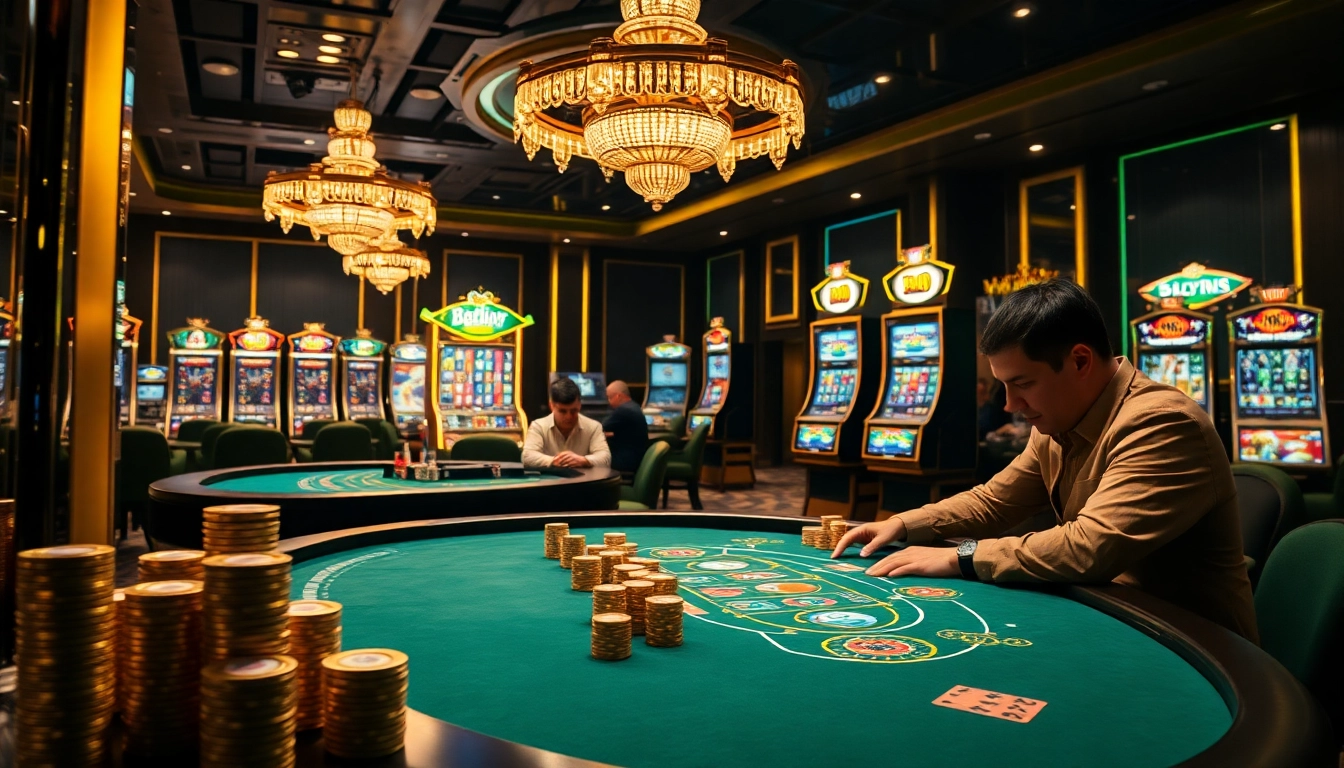 33win offers an exciting high-end casino experience, featuring poker tables and vibrant slot machines.