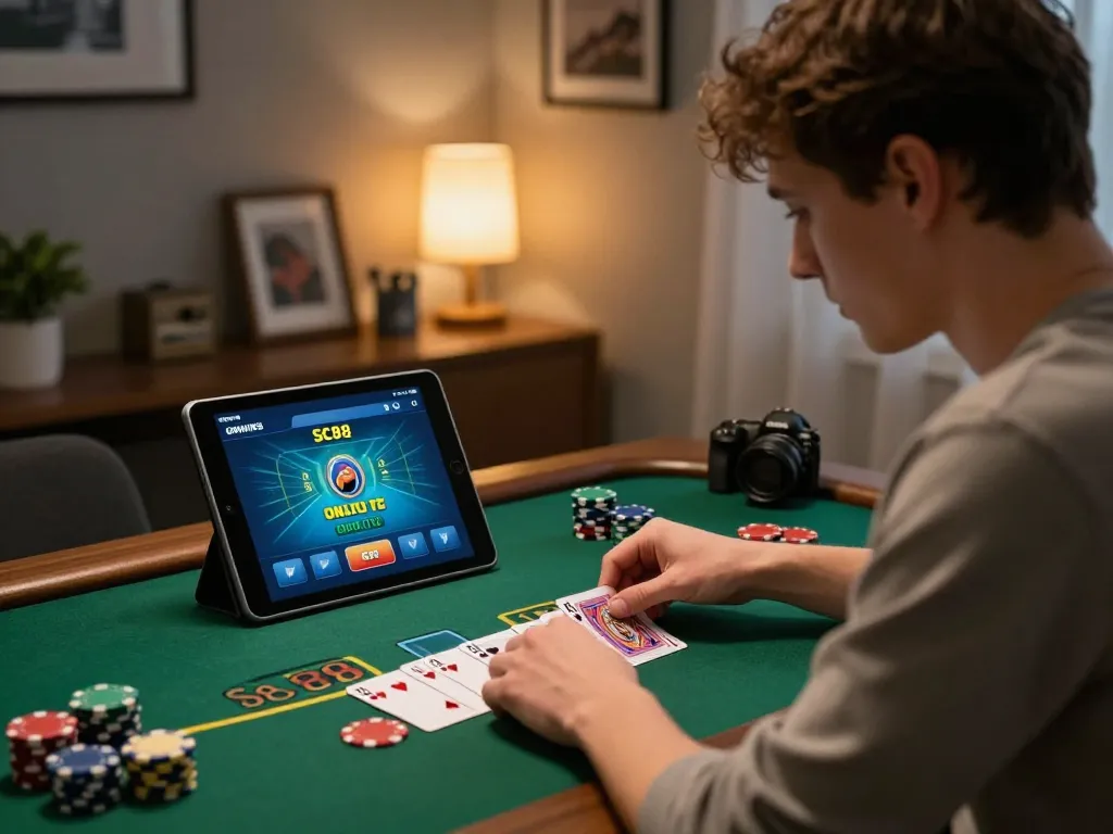 Player enjoying an engaging session using SC88 for online blackjack, showcasing focused gameplay and a home atmosphere.