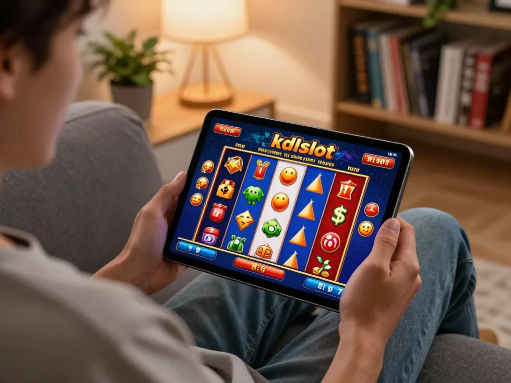 Engaging player enjoying kdslot on a tablet in a cozy modern living room, showcasing online gambling excitement.