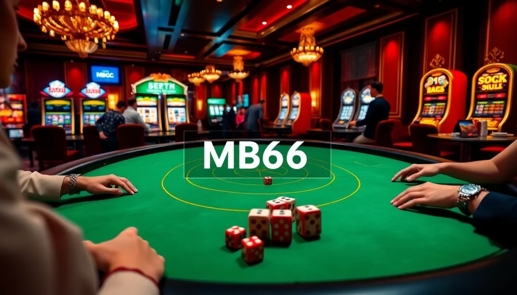 Players engaging in a poker game at a luxurious casino table featuring MB66 betting options.