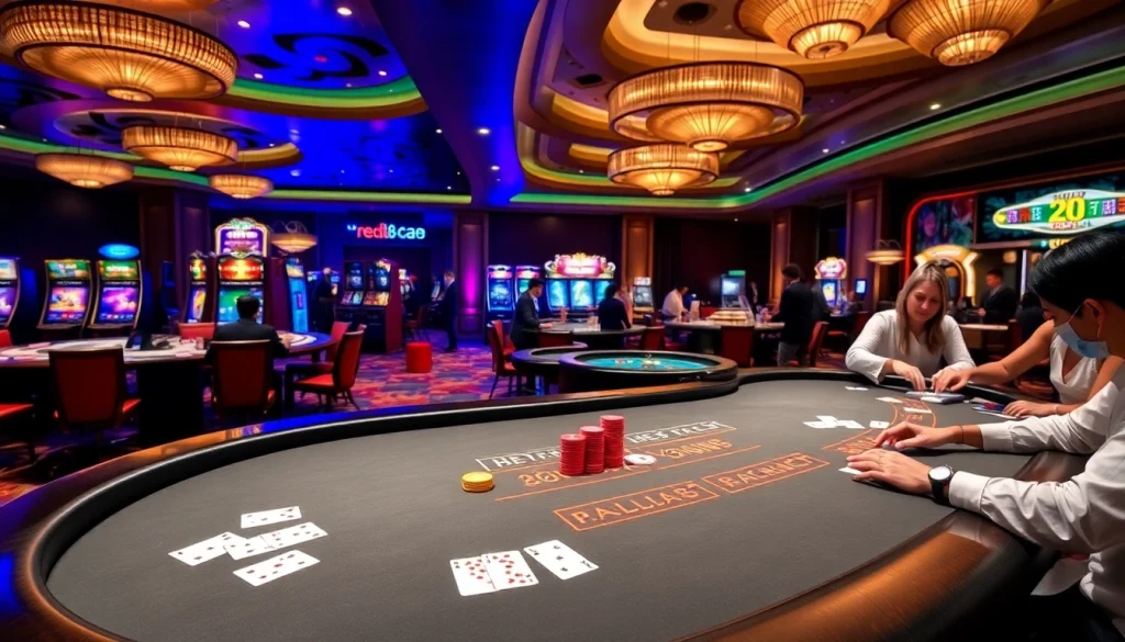 Engaging players at a luxurious casino with red88-themed baccarat and slot machines.