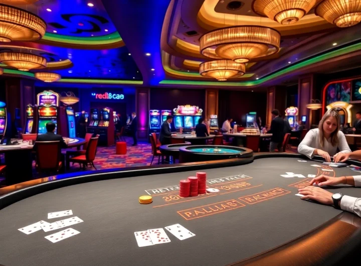 Engaging players at a luxurious casino with red88-themed baccarat and slot machines.