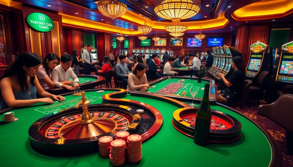 Experience the thrilling ambiance of 'trang chủ 789Win', showcasing vibrant casino tables and eager gamblers.