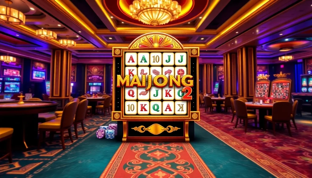 Mainkan Mahjong Ways 2 dalam suasana kasino yang seru dipenuhi chip poker dan roda roulette.