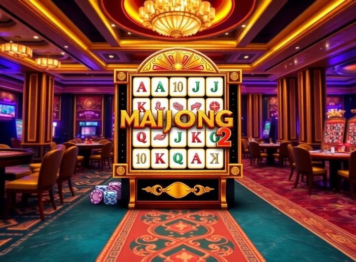 Mainkan Mahjong Ways 2 dalam suasana kasino yang seru dipenuhi chip poker dan roda roulette.