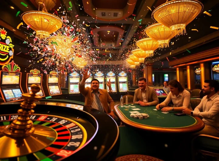 Explosion of a prize-winning lottery celebrated at a lively casino with roulette and poker.