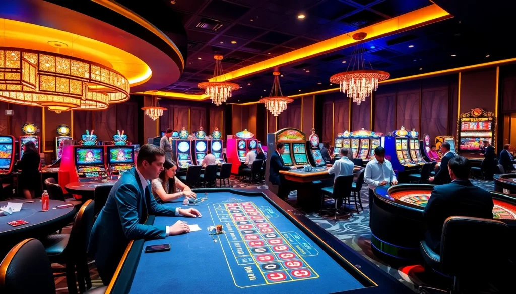 Exciting scene of Rikvip gamers at stylish casino tables with vibrant slot machines.